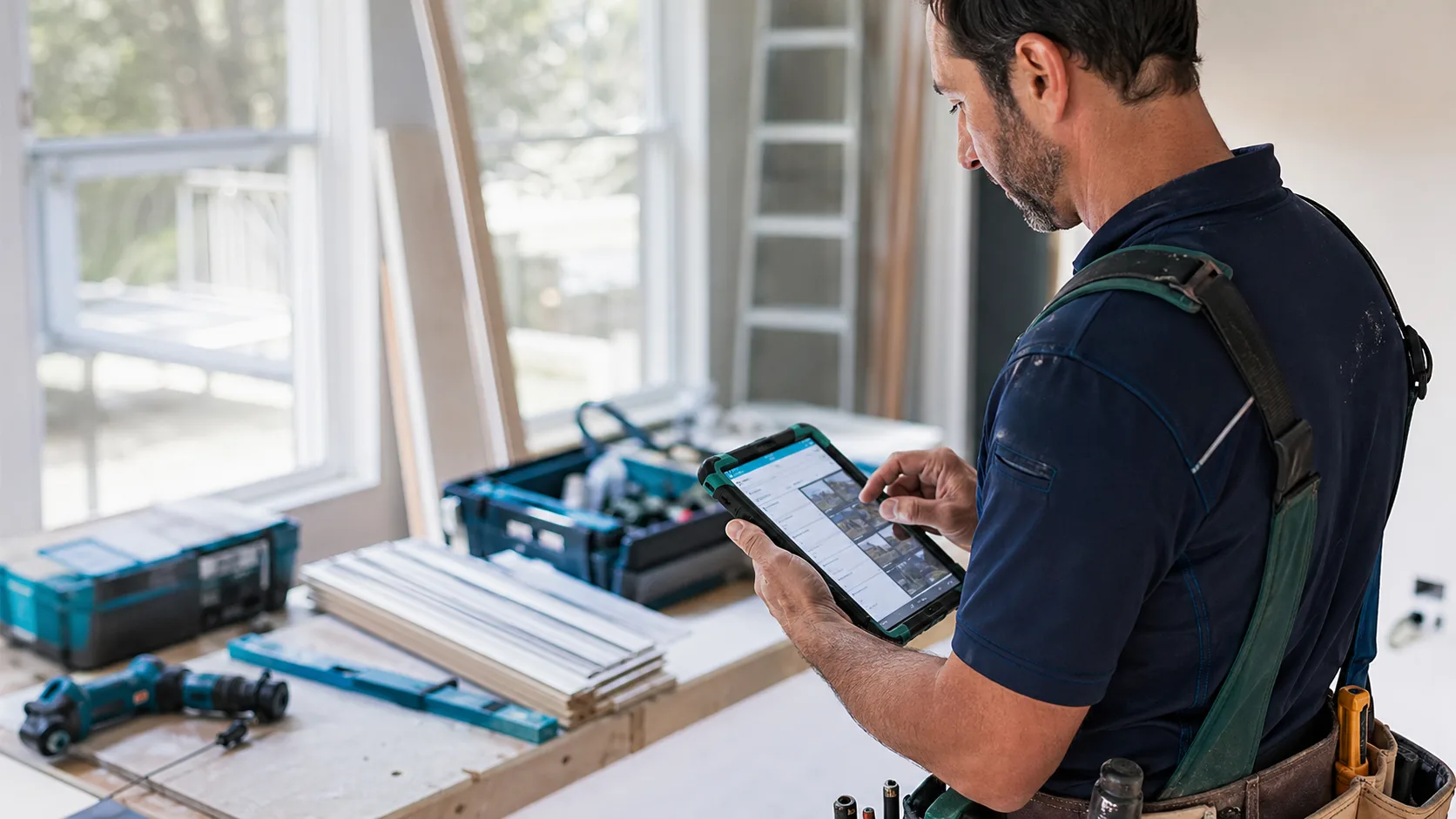 Installer mobile app job packet with AI checklist and issue photo review