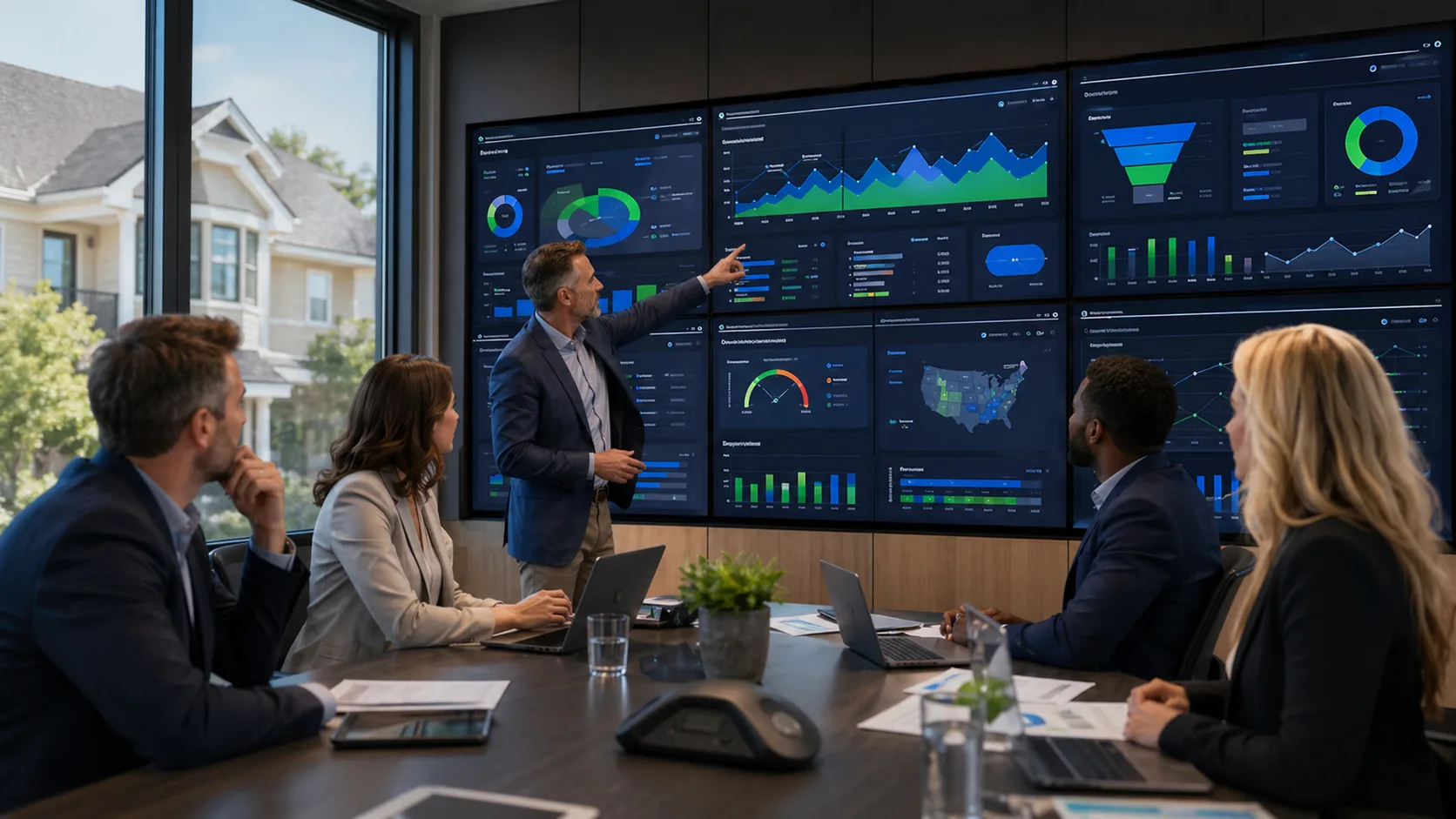 Reports dashboard with KPI strip, dense table, AI insights, and export controls
