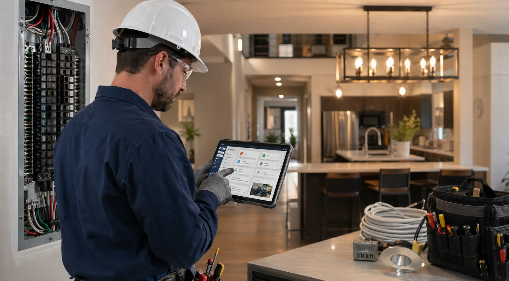 Electrical and lighting contractor reviewing a job workflow on a tablet