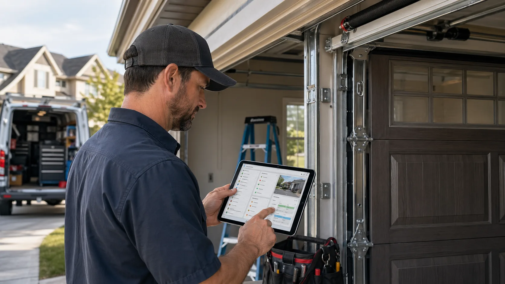 Garage door technician using a tablet near a residential garage door installation