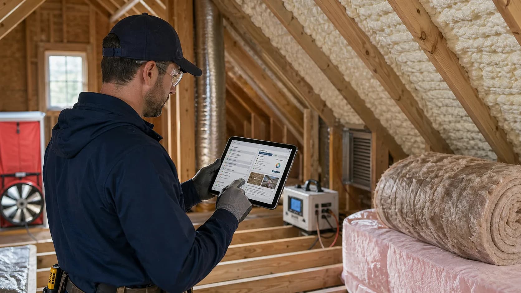 Insulation and weatherization technician reviewing audit checklist on a tablet