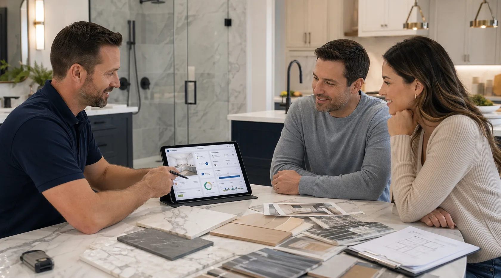 Kitchen and bath remodeling team reviewing material samples and AI-assisted workflow on a tablet