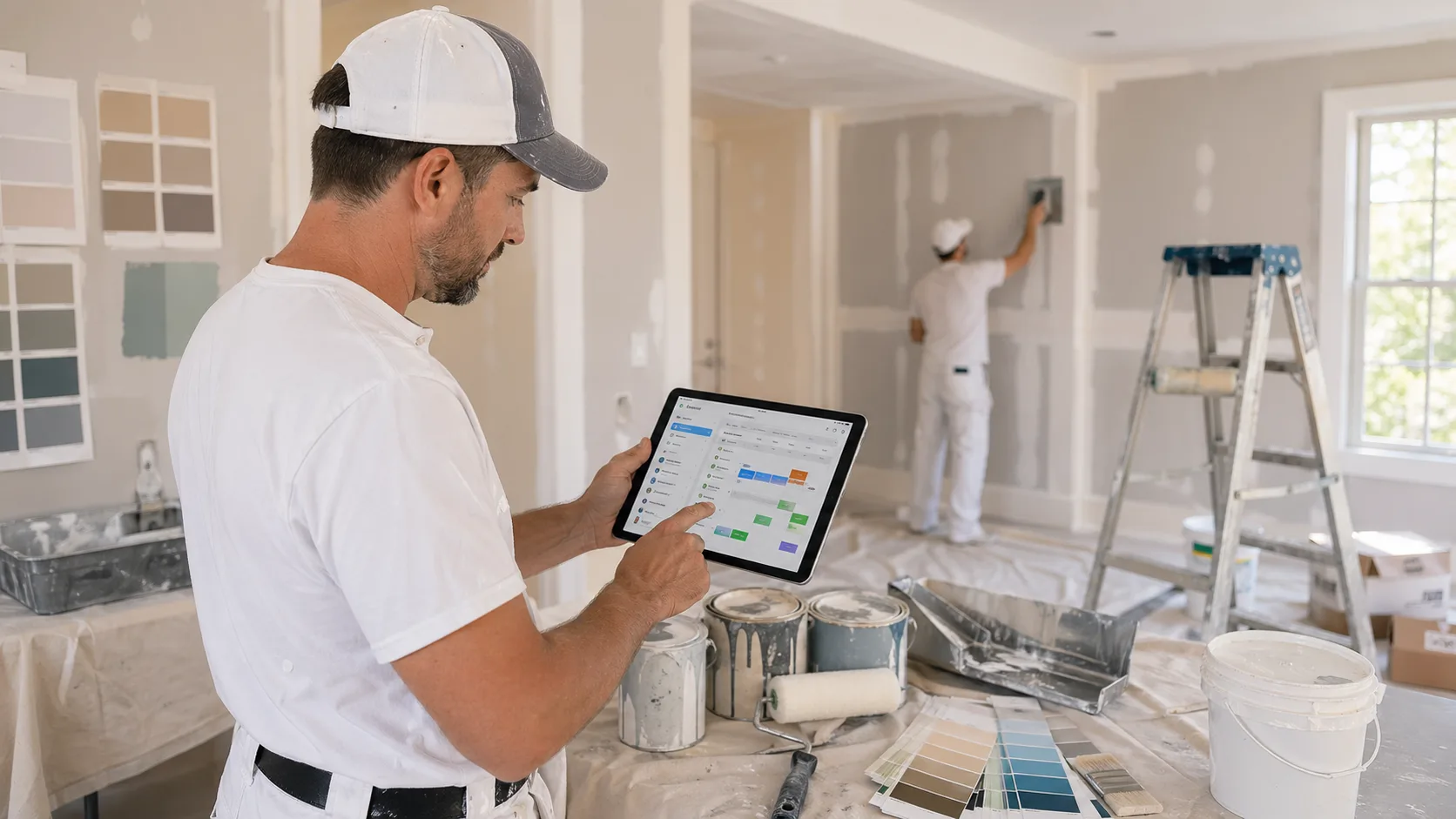 Painting and drywall contractor using a tablet with project materials in an interior room