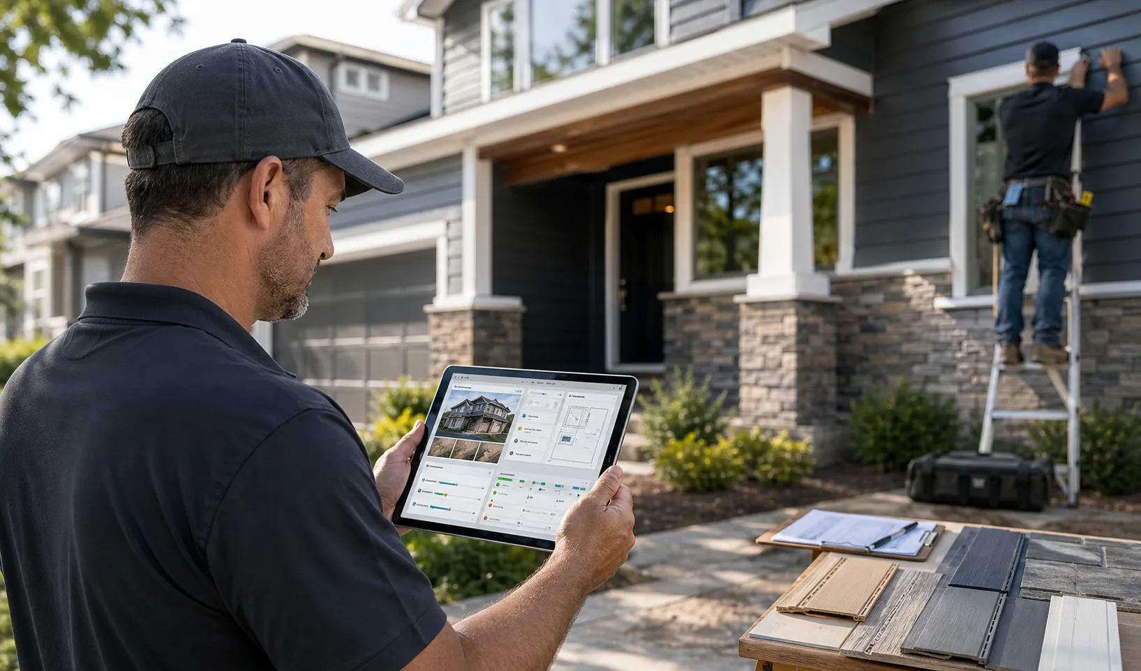Siding contractor using a tablet next to exterior home materials