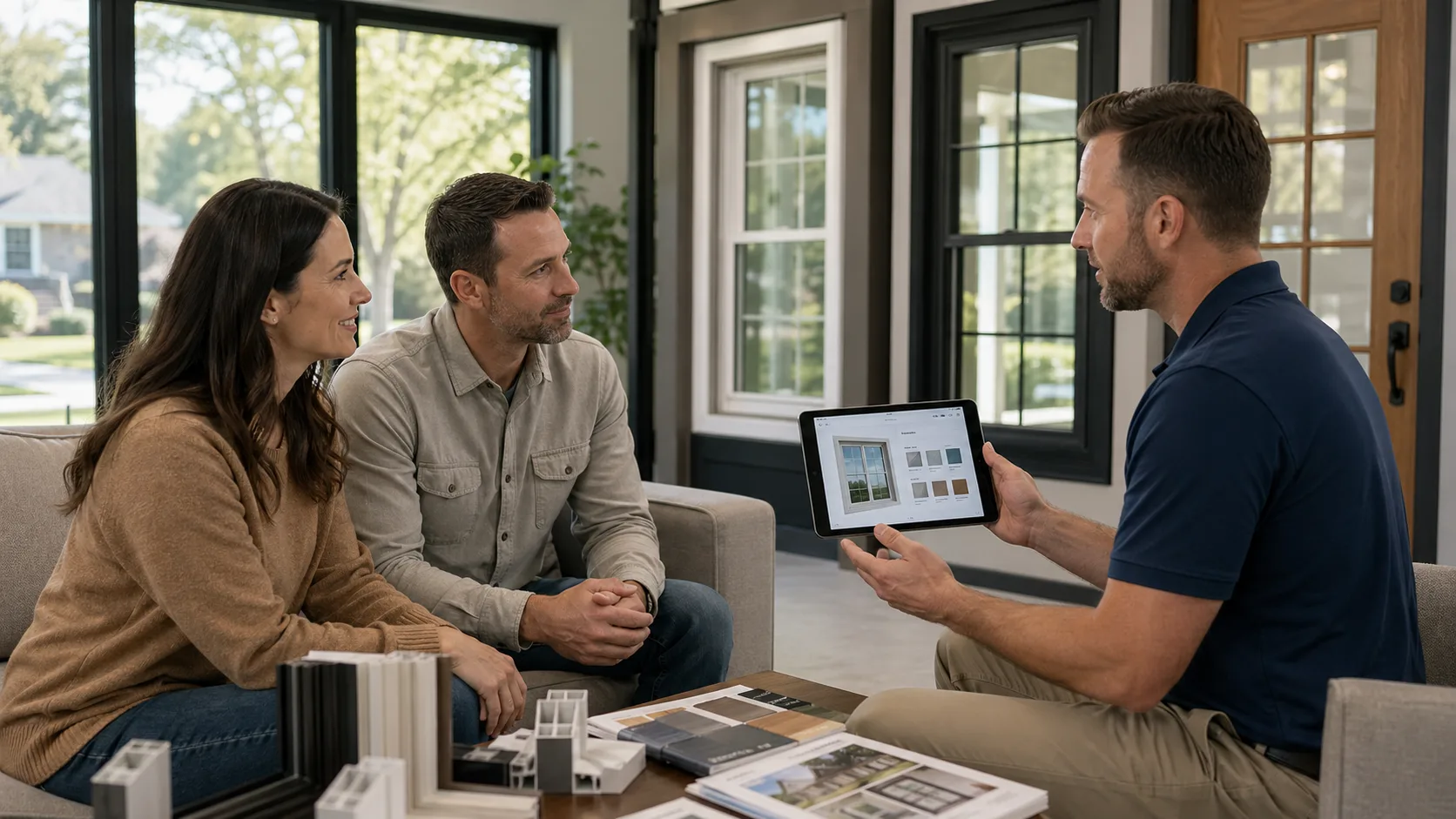 Windows and doors contractor reviewing product options and proposal workflow on a tablet