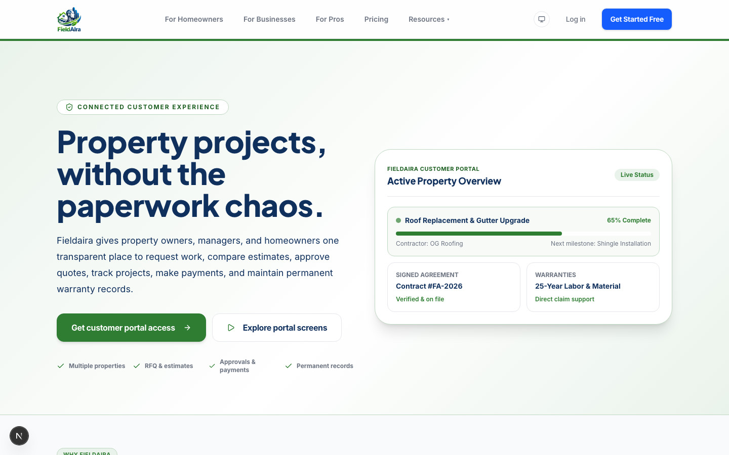 Fieldaira Homeowner Project Portal & Warranty Vault